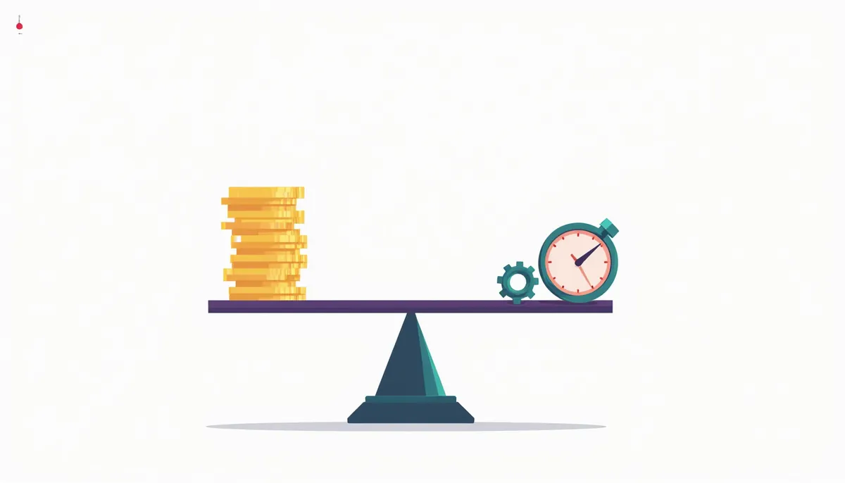 Illustration of a scale balancing coins against a clock and a gear, showing net savings
