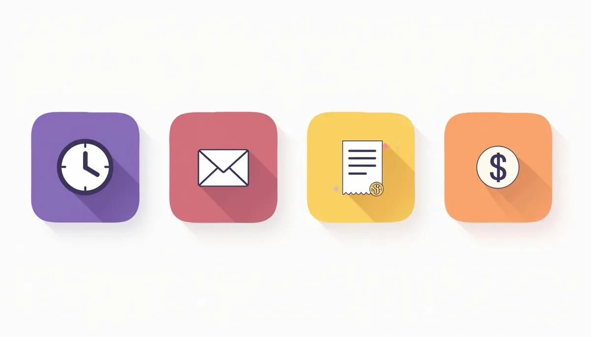 Illustration of four boxes with a clock, an envelope, a receipt and a coin for the four sources of savings