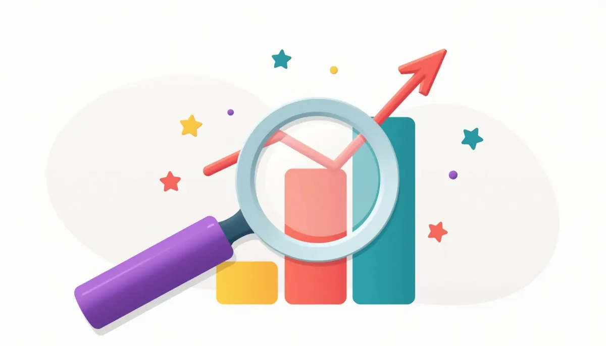 Magnifying glass over a rising bar chart