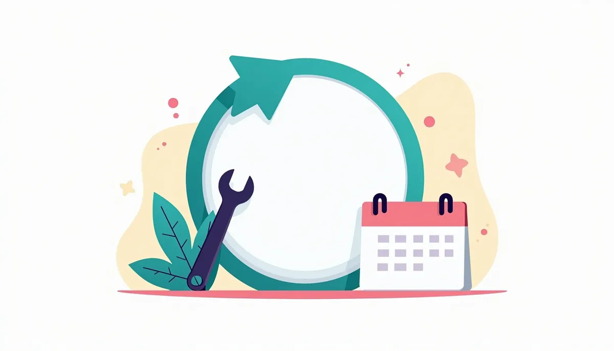 Small Business Automation With Ai: Build Your First Workflow 4 Illustration of a circular arrow around a wrench and a calendar, showing monthly upkeep