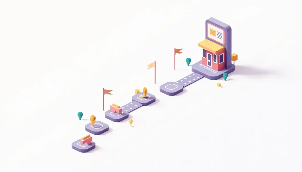 Illustration of a seven-step path from a phone to a storefront