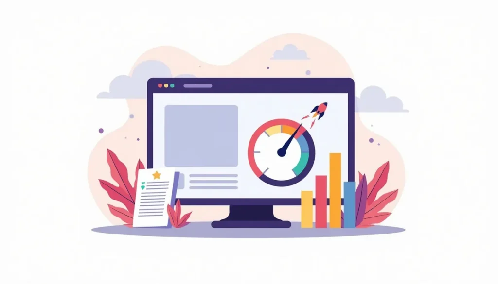 Illustration of a website window with a speed gauge pointing to fast