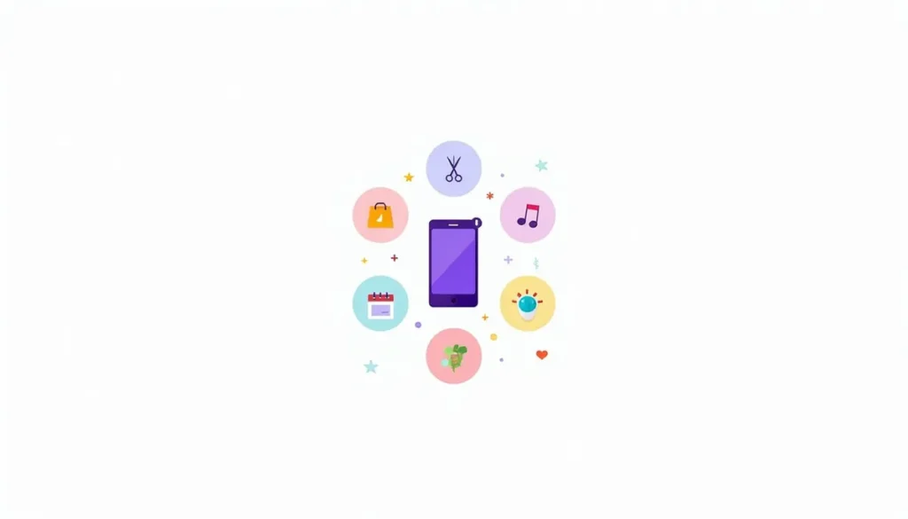 Illustration of a phone surrounded by five tool icons for making TikTok videos