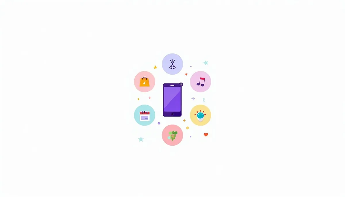 Illustration of a phone surrounded by five tool icons for making TikTok videos