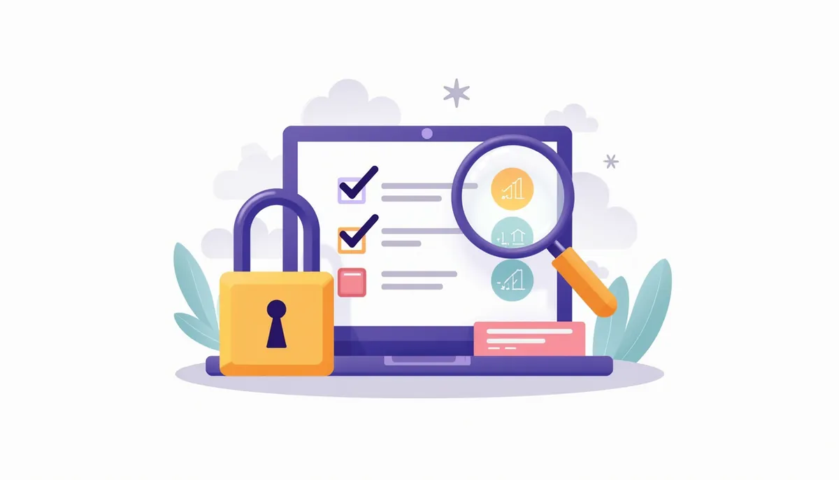 Top Ai Tools For Small Business: 2026 Picks By Job 4 Illustration of a padlock, magnifying glass and checklist, representing a tool privacy check