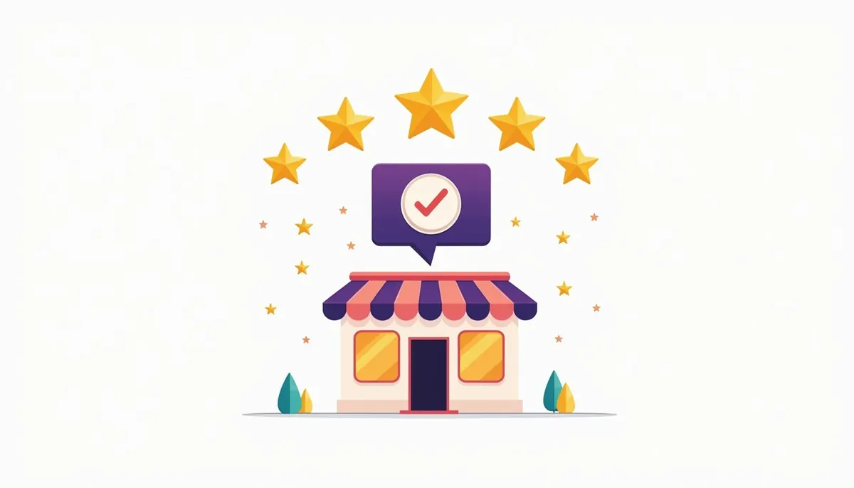 Illustration of five stars and a review bubble over a storefront