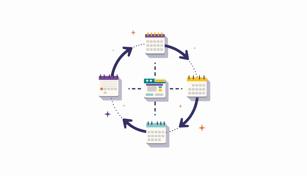 Website Maintenance For Small Business: The Full Routine, Before Something Breaks 2 Illustration of four calendar pages in a cycle around a website window, showing a repeating maintenance routine