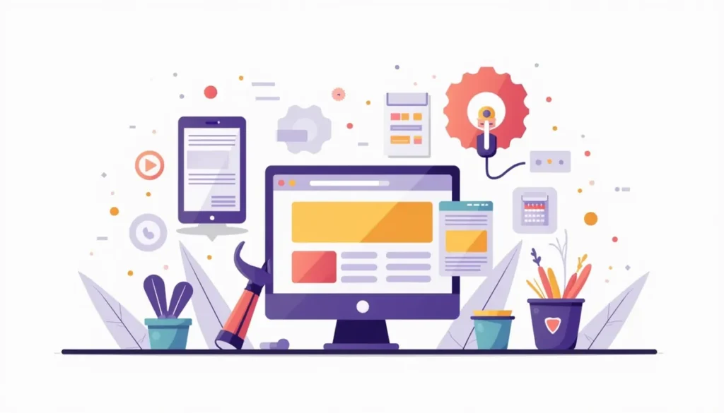 Illustration of a small business website on a monitor surrounded by maintenance tools, a shield and a calendar
