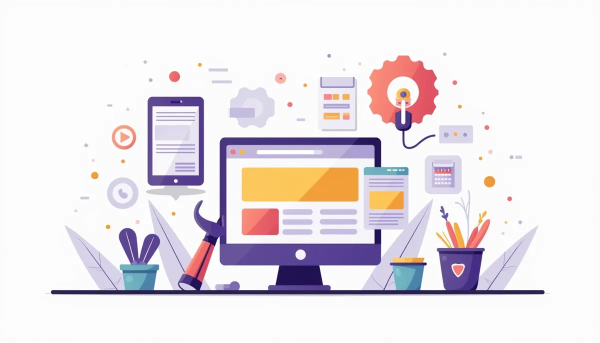 Illustration of a small business website on a monitor surrounded by maintenance tools, a shield and a calendar