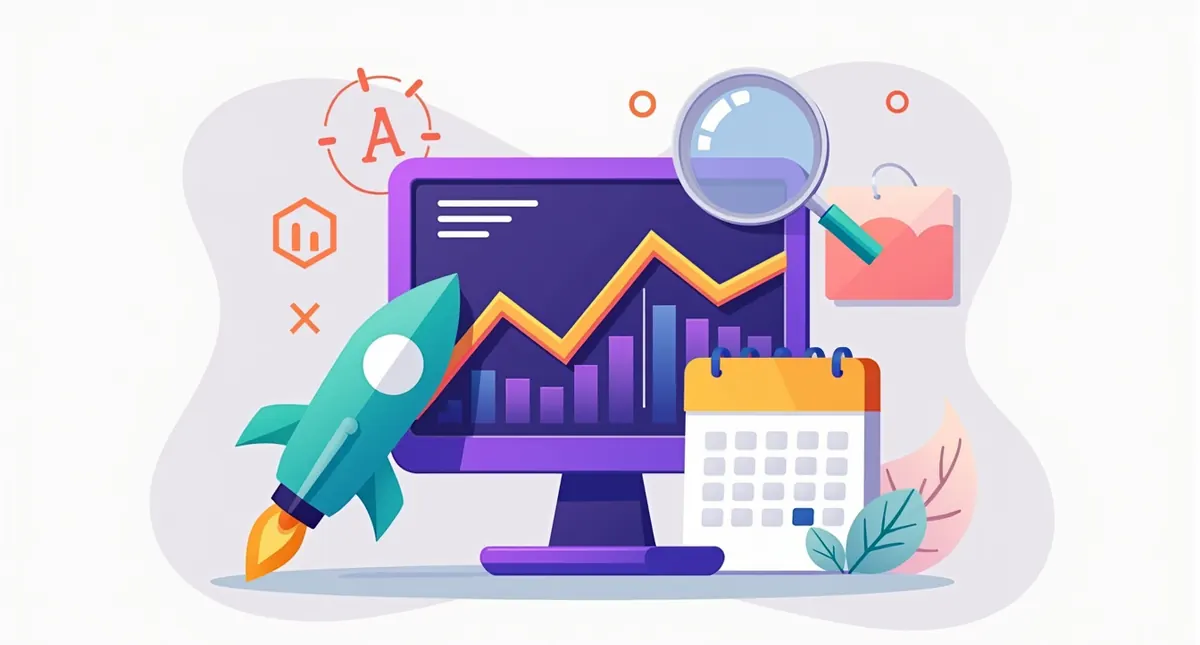 Website Redesign Blueprint: 10 Steps From Goal To Launch 3 Illustration of a dashboard with a line graph, a magnifier and a calendar