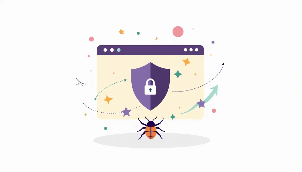 Website Maintenance For Small Business: The Full Routine, Before Something Breaks 4 Illustration of a browser window guarded by a shield and padlock with a bug kept outside