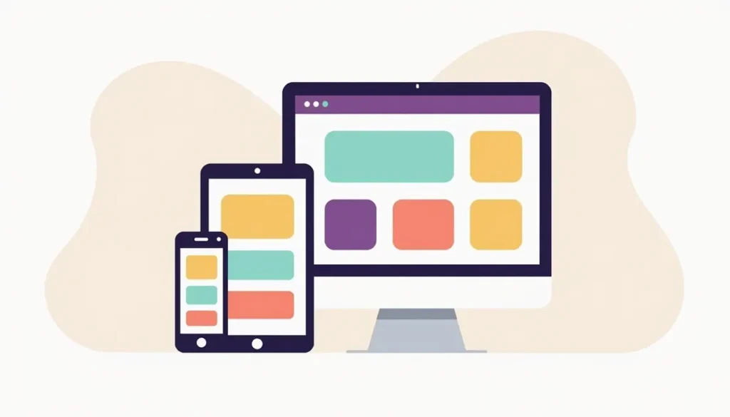 Illustration of one website layout adapting to a phone, tablet and desktop screen