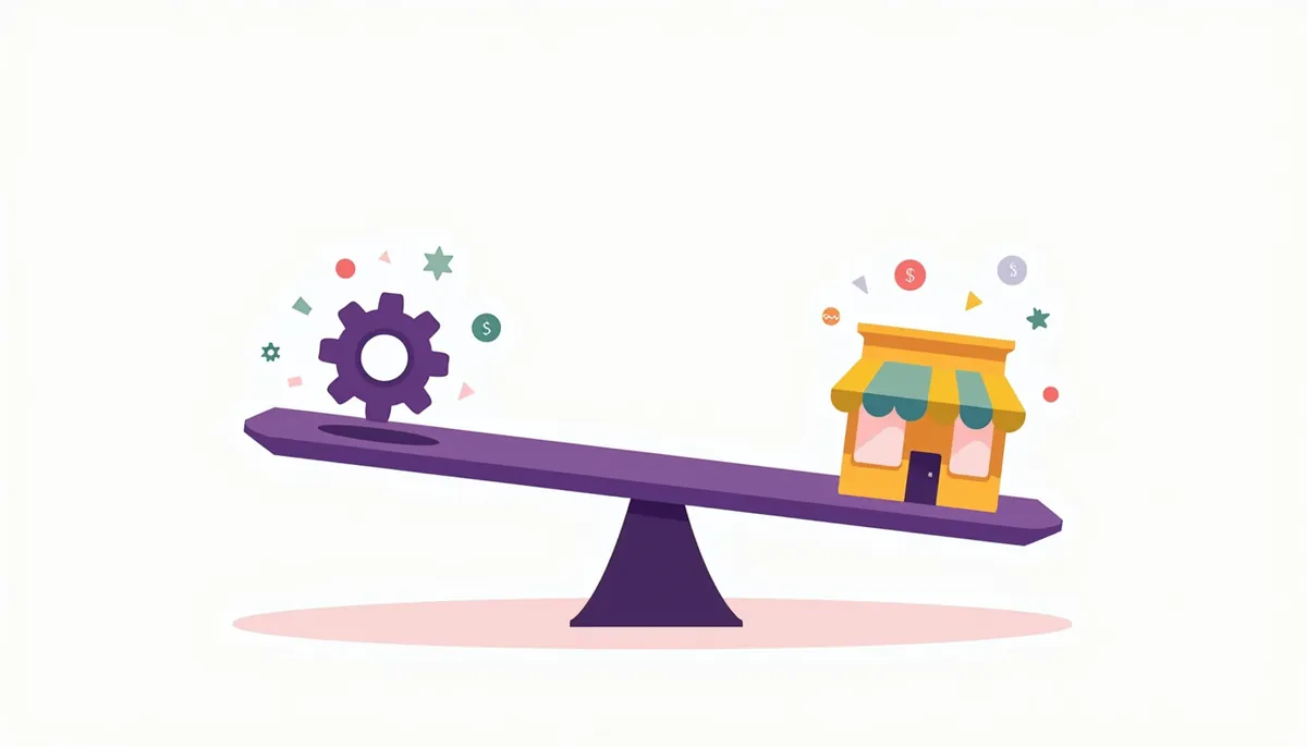Illustration of a balanced scale with a gear on one side and a shop on the other, showing whether small businesses need AI