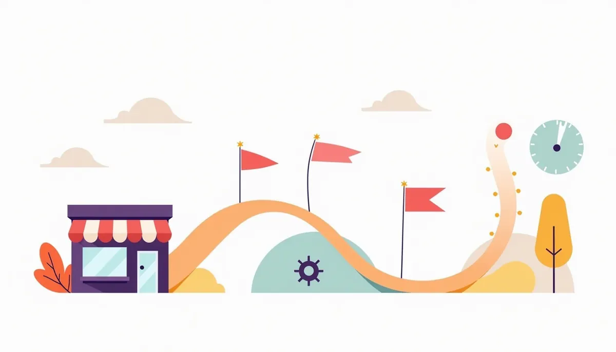 Illustration of a path with flags leading to a small shop, showing a step-by-step start with ai