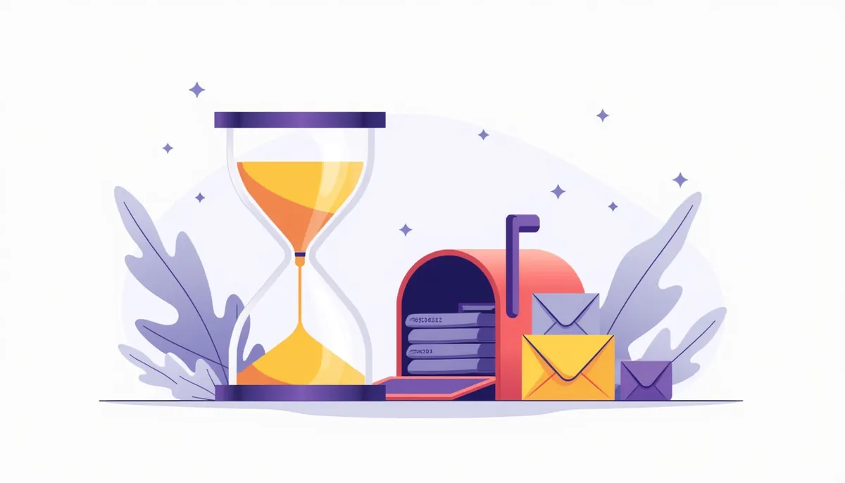 Illustration of an hourglass next to a mailbox filling with envelopes, showing slow lead follow-up